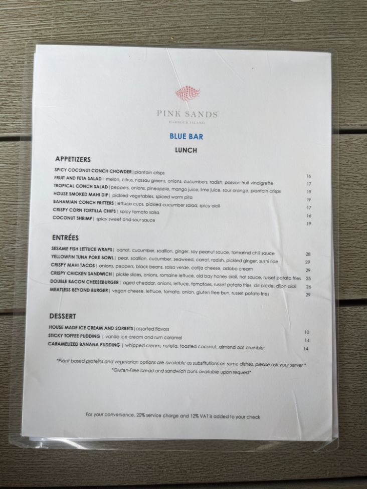 lunch menu of pink sands blue bar resort