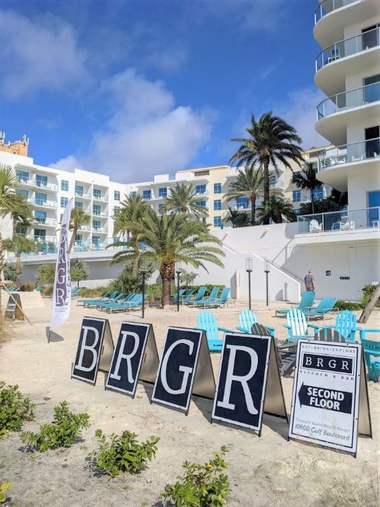brgr sign in front of hotel on treasure island beach