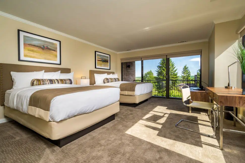 tan carpet and cream walls with two queen beds and a desk with floor to ceiling windows with view of trees