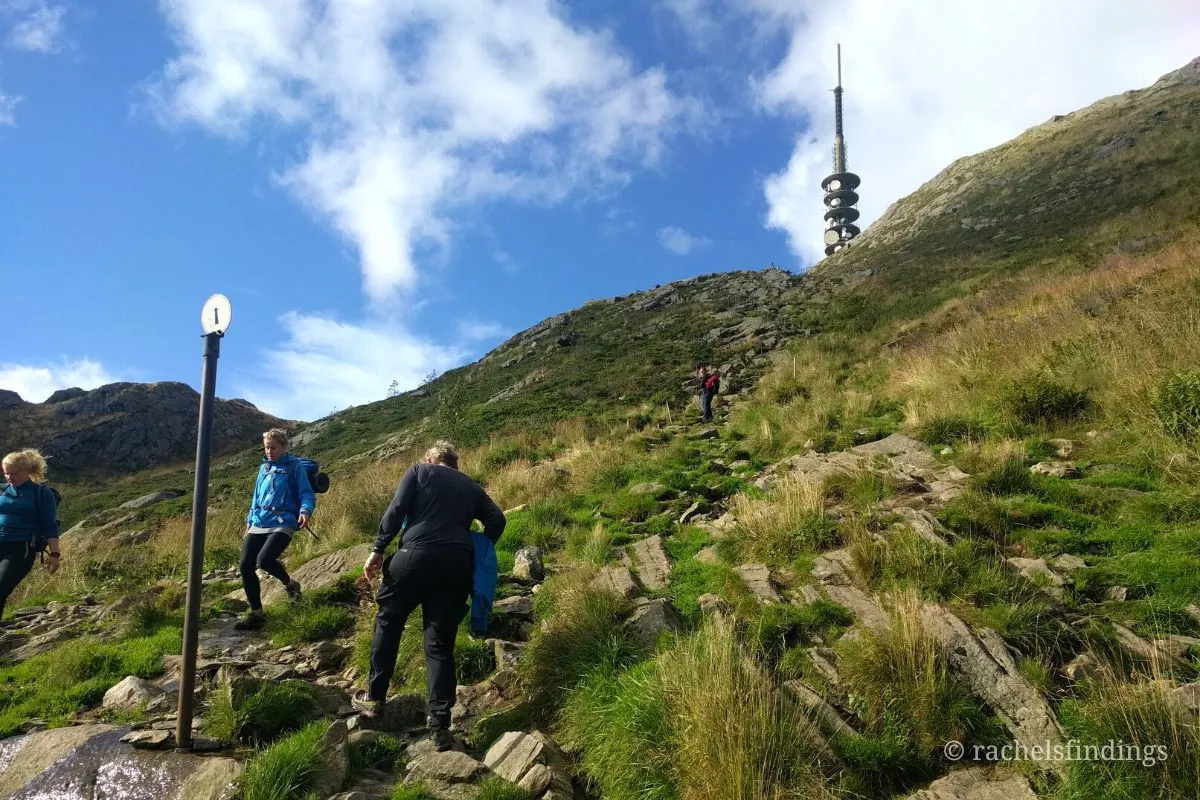 looking up at the tv towers on top of mt ulriken