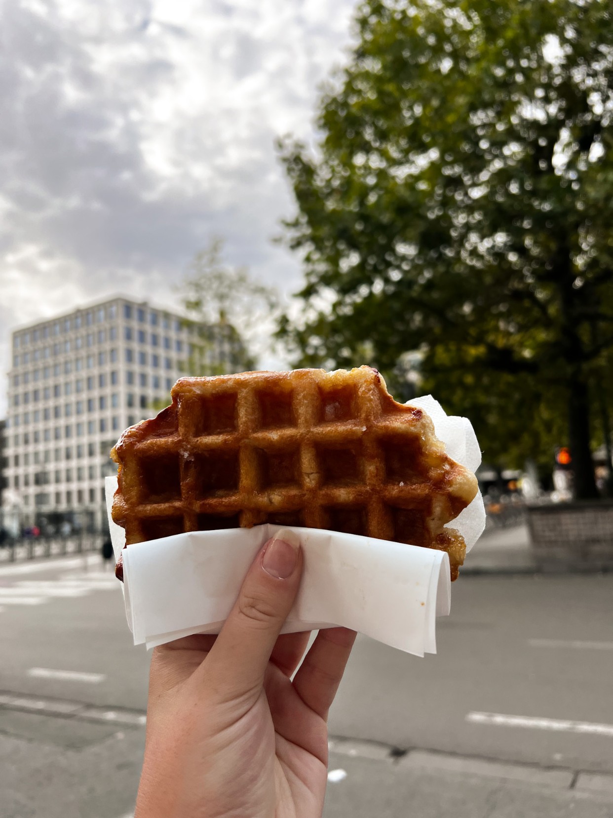 hand holding belgian waffle in brussels