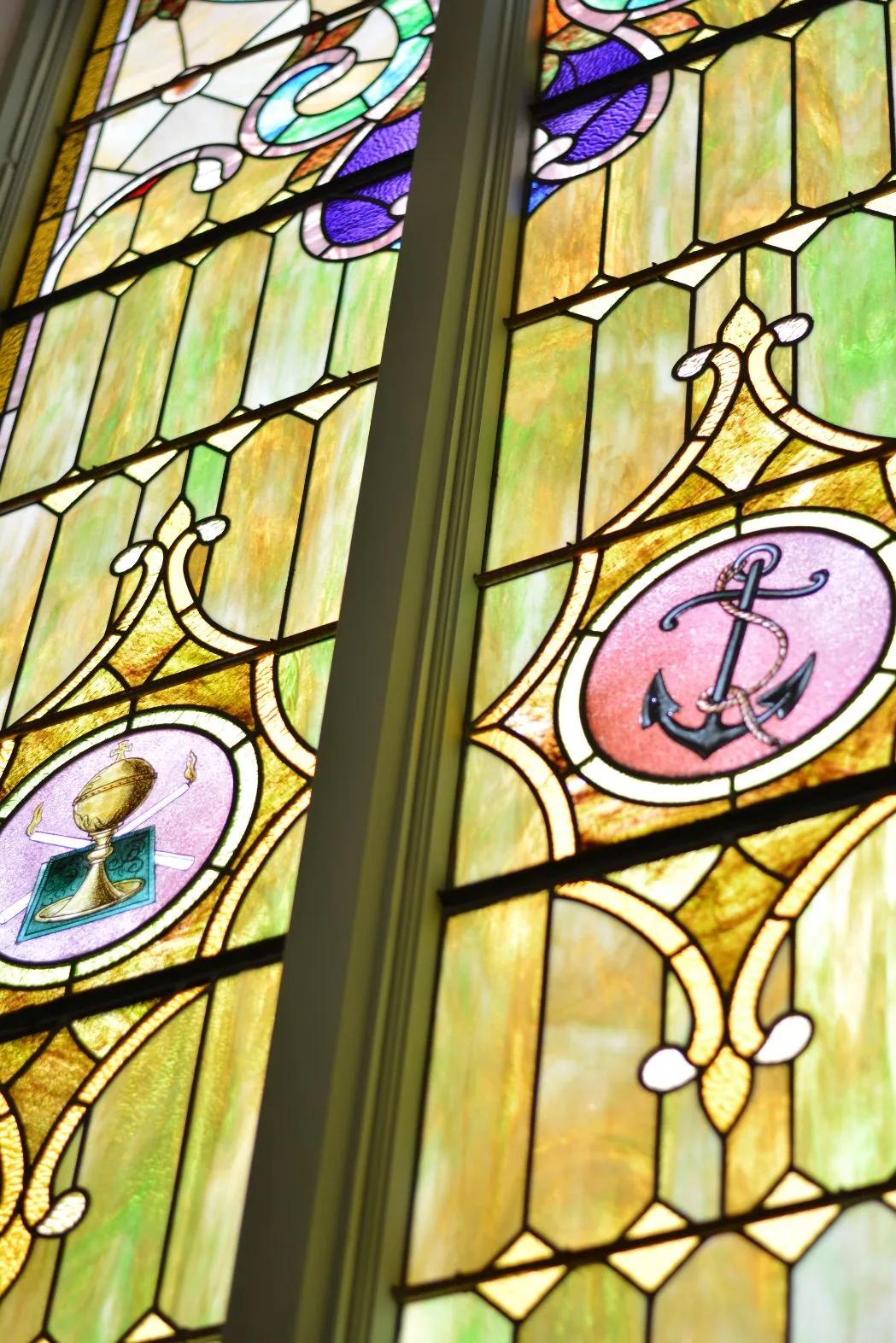 stained glass little stone church mackinac island