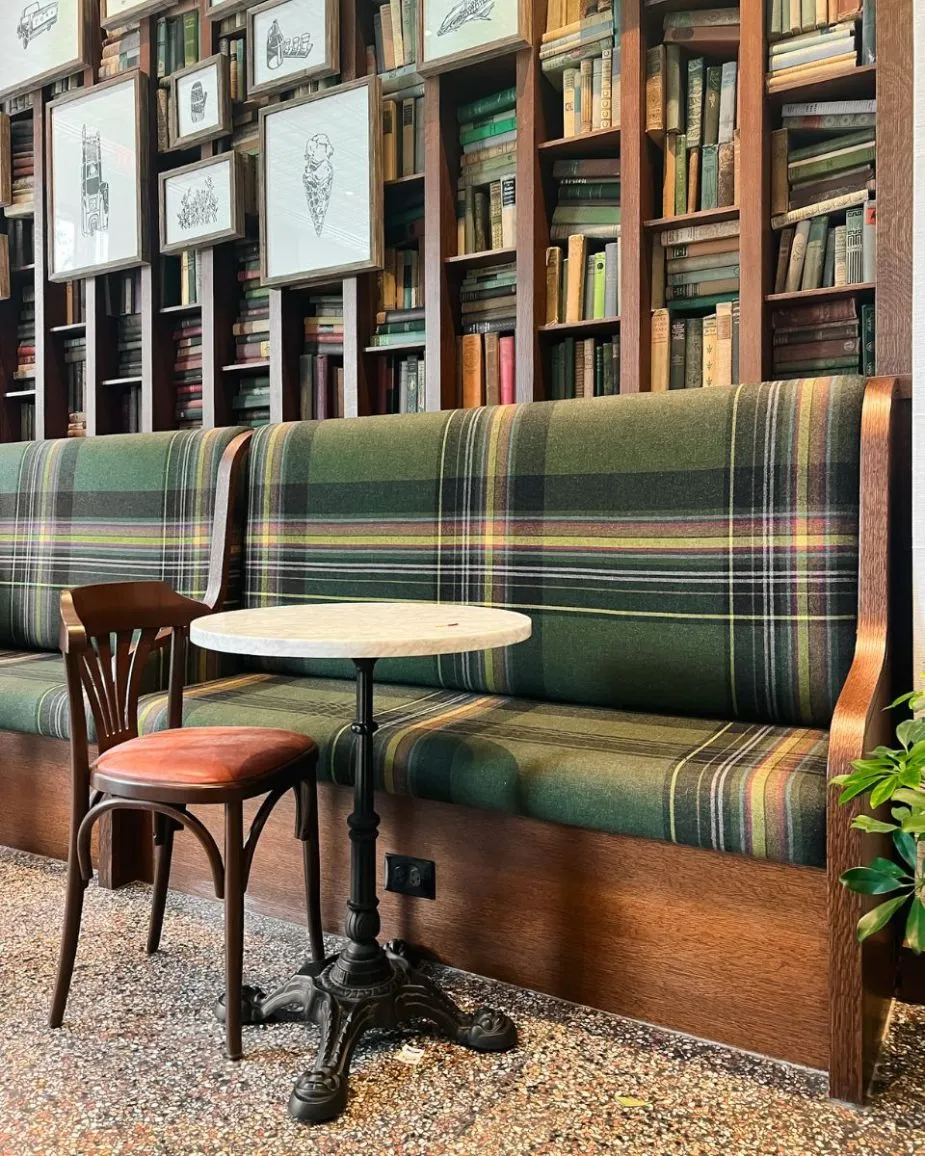 half bench plaid seating poindexter coffee graduate east lansing mi