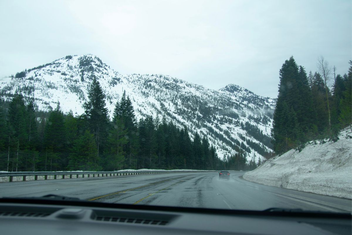 view of a snow covered mountain on the drive from seattle to leavenworth