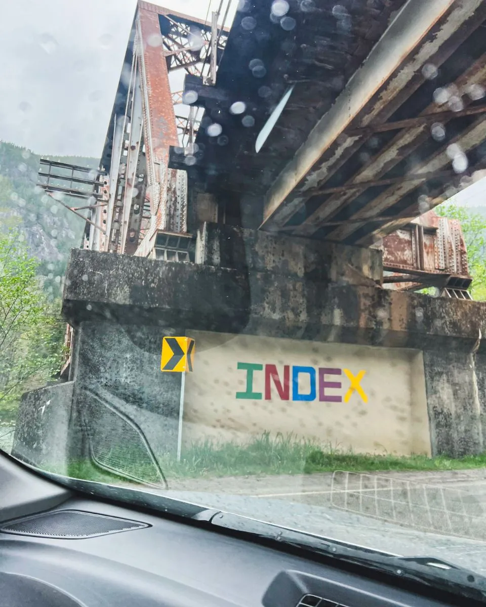view of index town sign on the drive from seattle to leavenworth