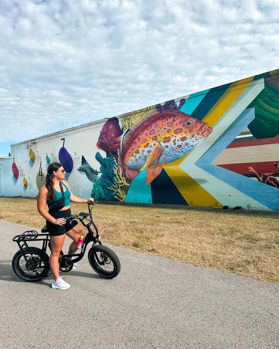 rachel hannah with bay ebike in front of fish mural on pinellas trail st pete